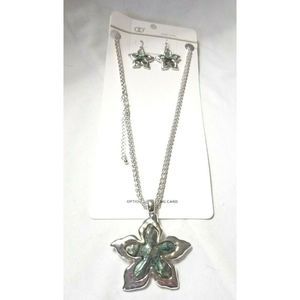 Necklace & Earrings Set Silver Natural Abalone Shell Starfish/Flower Statement